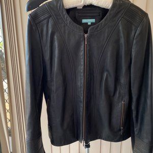 Blue Illusion Collarless Leather Jacket 
